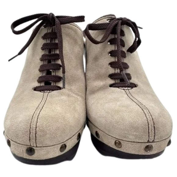 Diane Von Furstenberg Emerson Mule Clogs 8.5 Beige Suede Studded Wedge - Picture 3 of 7